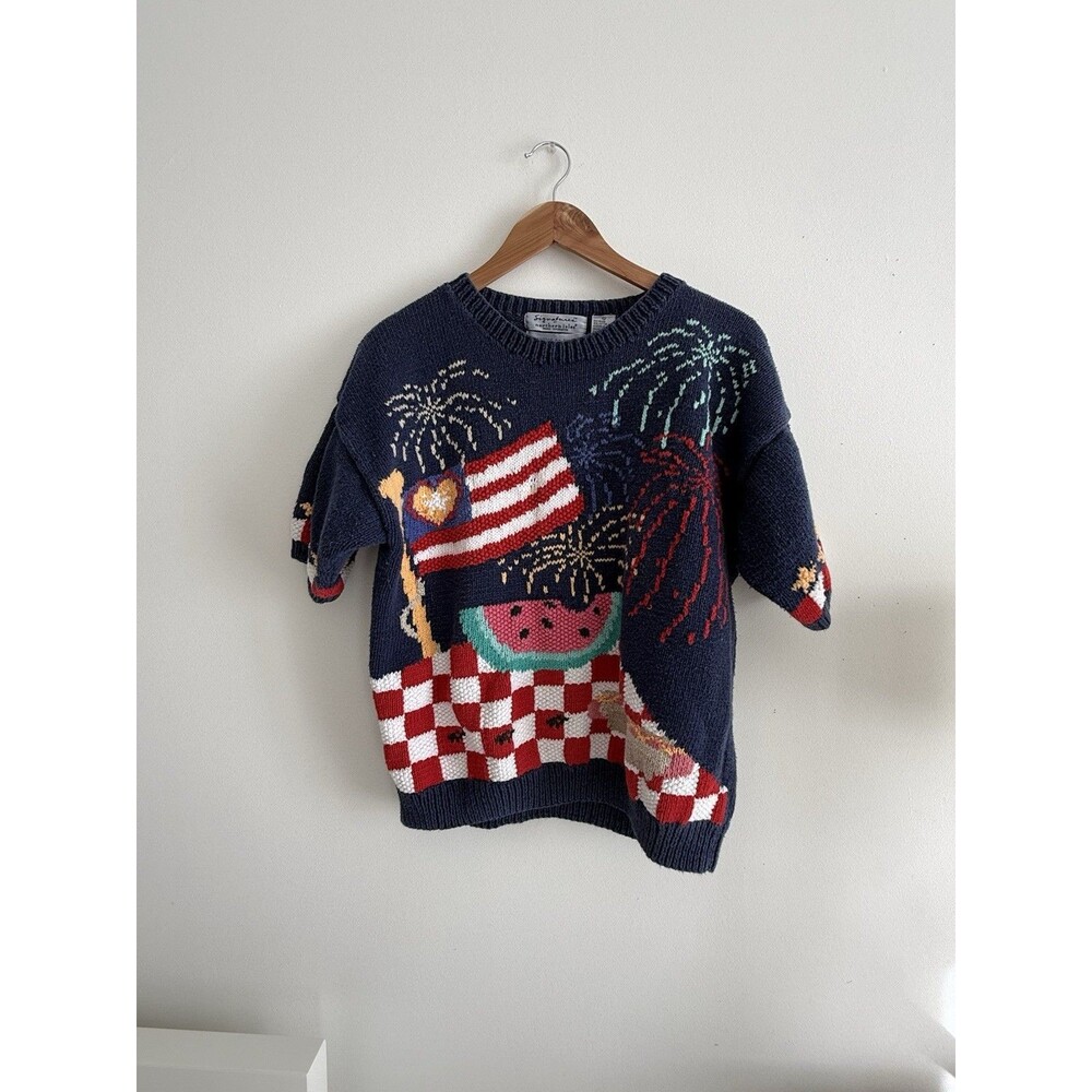 ✿ Signature by Northern Isles Patriotic Knit Sweater USA Flag Heart Hand Knit